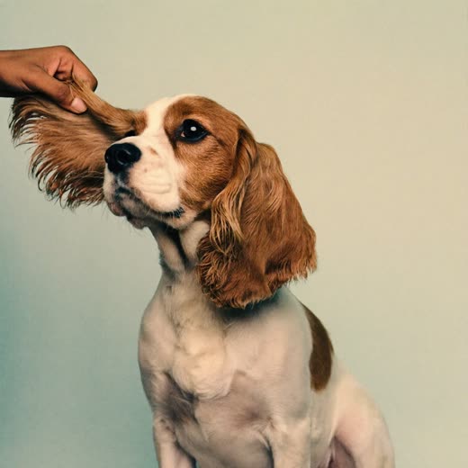 A spaniel's ear being gently lifted during an ear clean